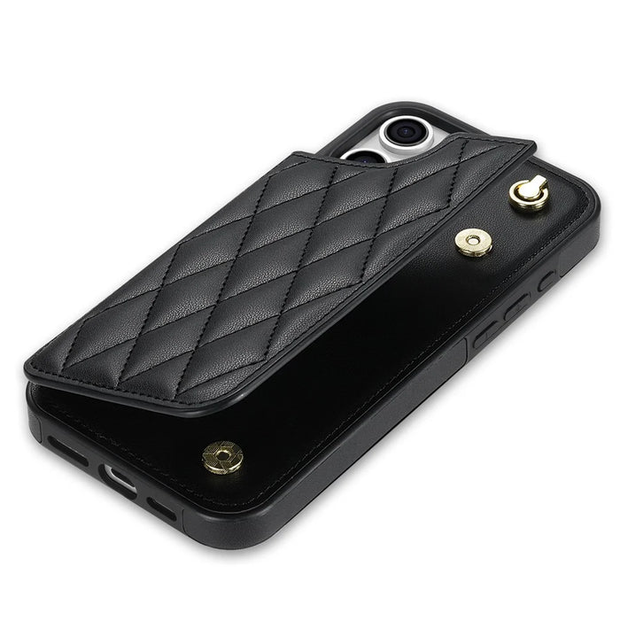 For iPhone 16 Pro Case with Wrist Strap Card Slots Rhombus Leather+TPU Phone Cover - Black - 6