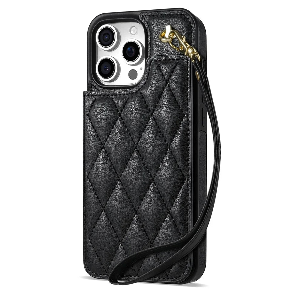 For iPhone 16 Pro Max Case with Wrist Strap Card Slots Rhombus Leather+TPU Phone Cover - Black - 2