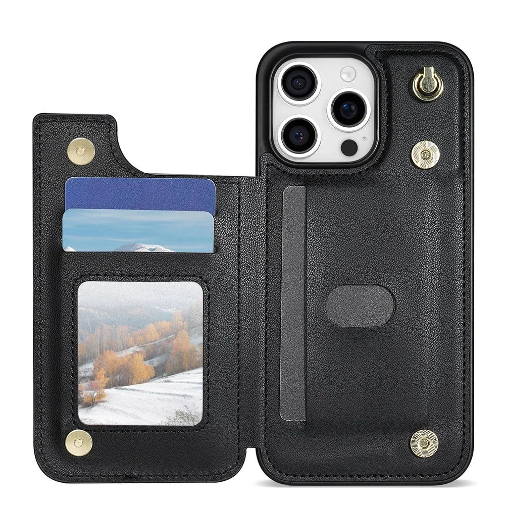 For iPhone 16 Pro Max Case with Wrist Strap Card Slots Rhombus Leather+TPU Phone Cover - Black - 4