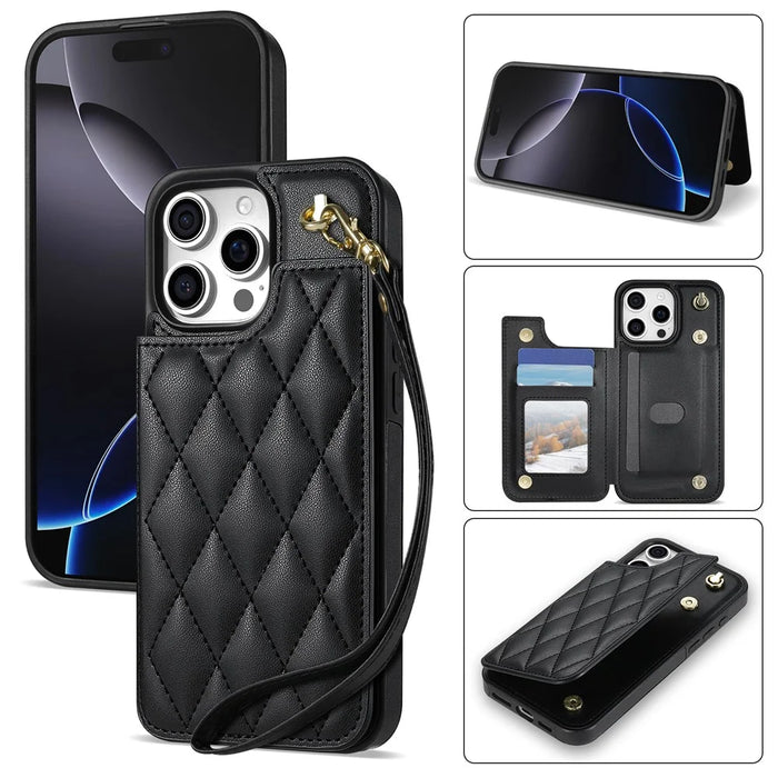 For iPhone 15 Pro Case with Wrist Strap Card Slots Rhombus Leather+TPU Phone Cover - Black - 1
