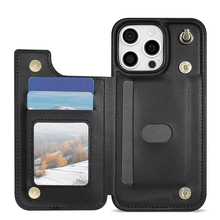 For iPhone 15 Pro Case with Wrist Strap Card Slots Rhombus Leather+TPU Phone Cover - Black - 4