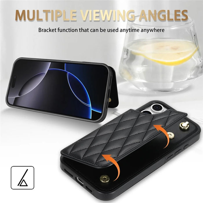 For iPhone 15 Pro Case with Wrist Strap Card Slots Rhombus Leather+TPU Phone Cover - Black - 7
