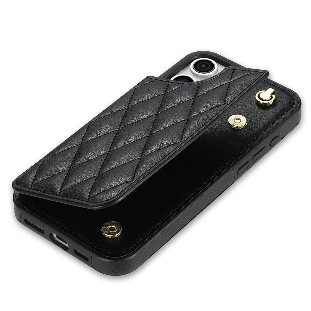 For iPhone 15 Pro Max Case with Wrist Strap Card Slots Rhombus Leather+TPU Phone Cover - Black - 6