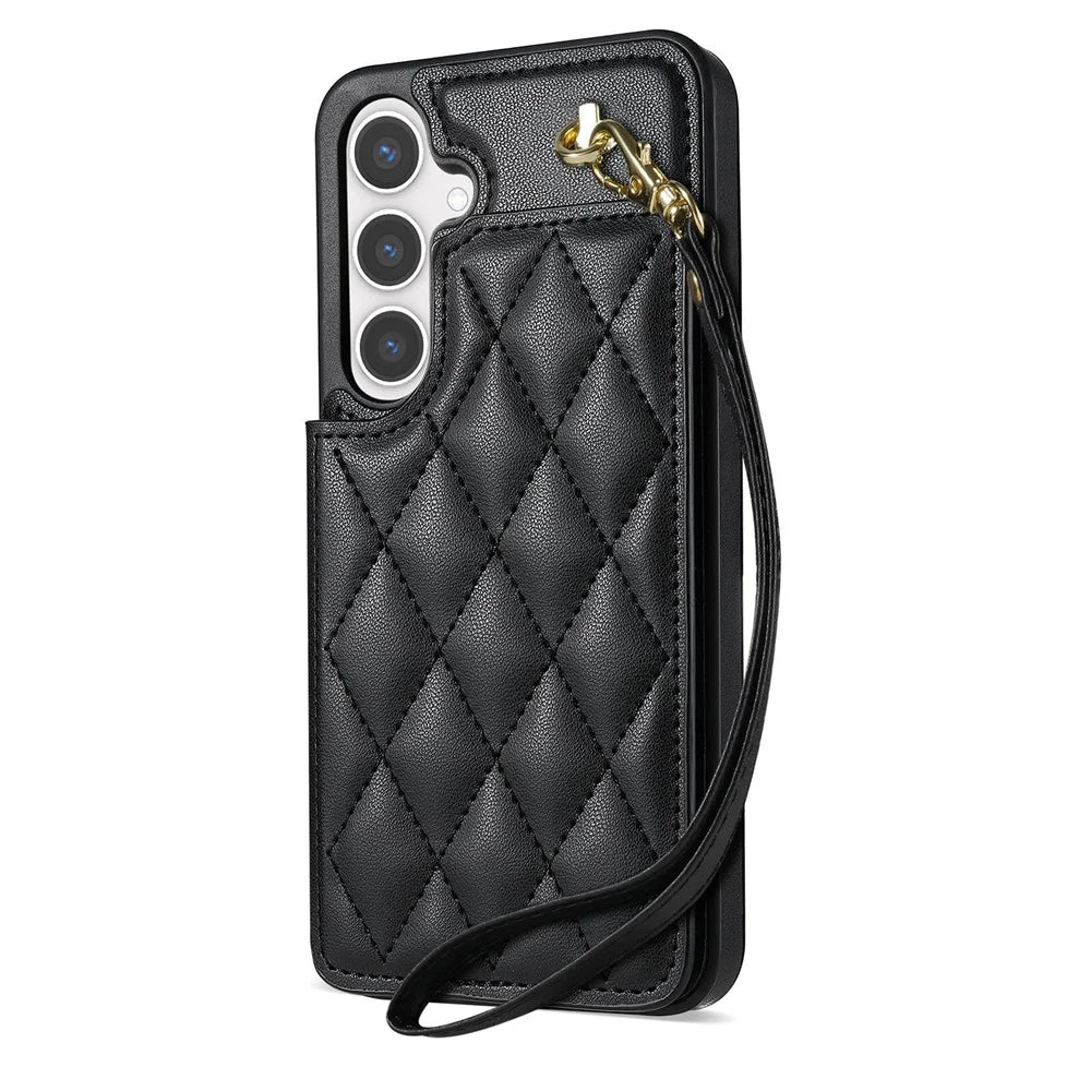 For Samsung Galaxy S24 Case with Wrist Strap Card Slots Rhombus Leather+TPU Phone Cover - Black - 2