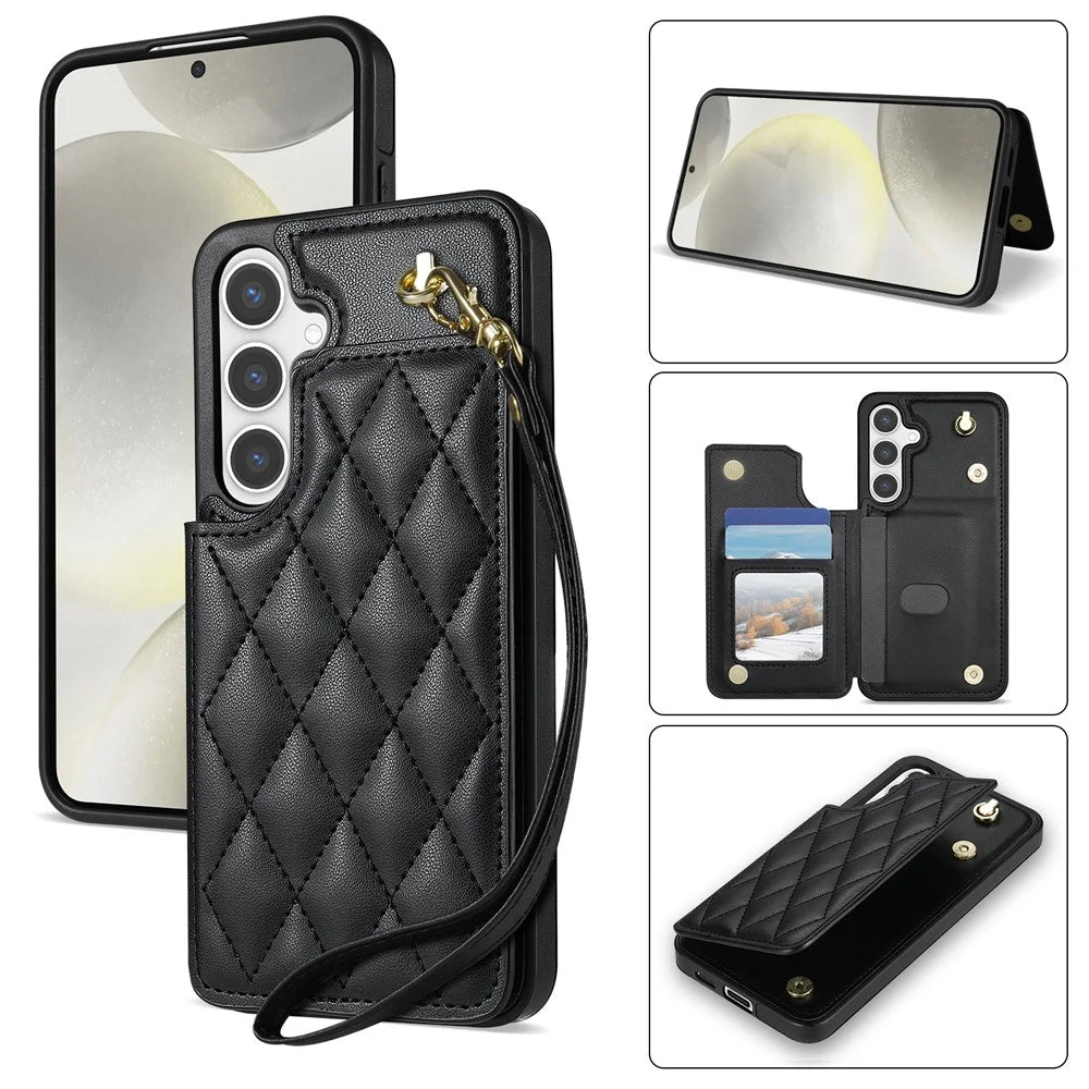 For Samsung Galaxy S24+ Case with Wrist Strap Card Slots Rhombus Leather+TPU Phone Cover - Black - 1