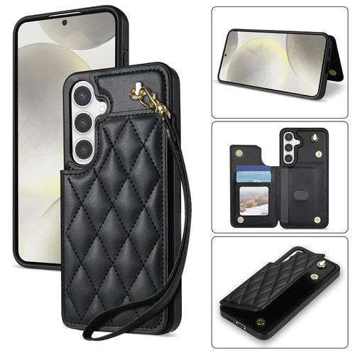 For Samsung Galaxy S24 FE Case with Wrist Strap Card Slots Rhombus Leather+TPU Phone Cover - Black - 1