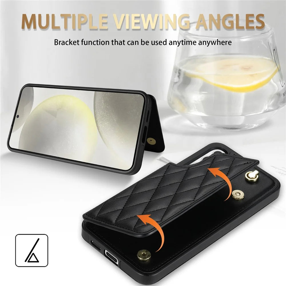 For Samsung Galaxy A55 5G Case with Wrist Strap Card Slots Rhombus Leather+TPU Phone Cover - Black - 6