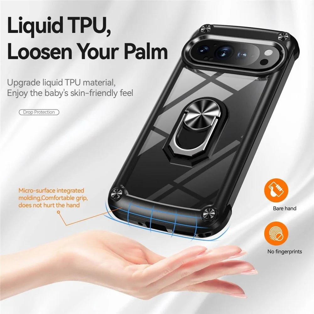 For Google Pixel 9 Pro  /  Pixel 9 Case Alloy Lens Frame PC + TPU Kickstand Phone Back Cover - Black - 4