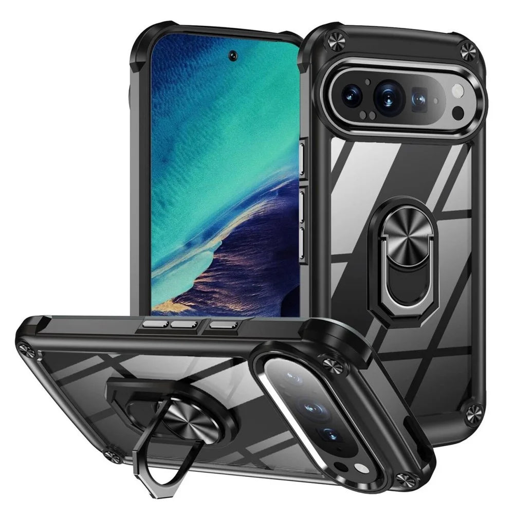 For Google Pixel 9 Pro XL Case Alloy Lens Frame PC + TPU Kickstand Phone Back Cover - Black - 1