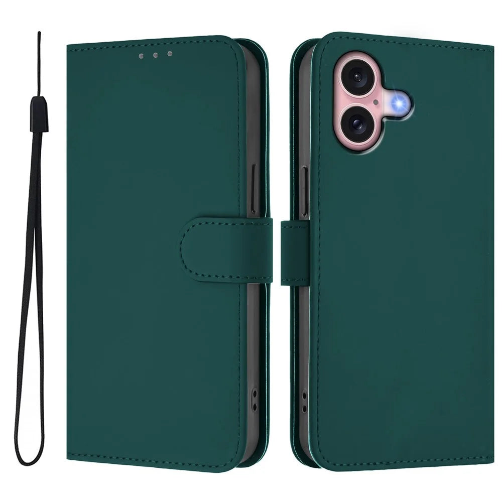 For iPhone 16 Case Solid Color Wallet Leather Phone Cover with Strap - Dark Green - 1