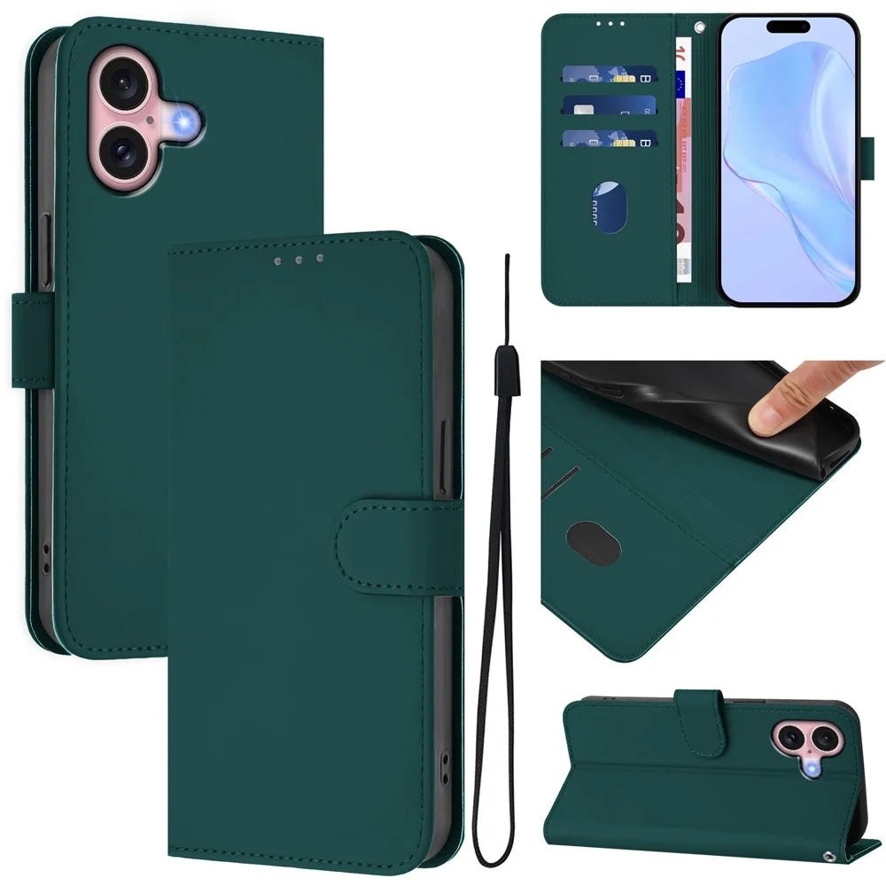 For iPhone 16 Case Solid Color Wallet Leather Phone Cover with Strap - Dark Green - 2