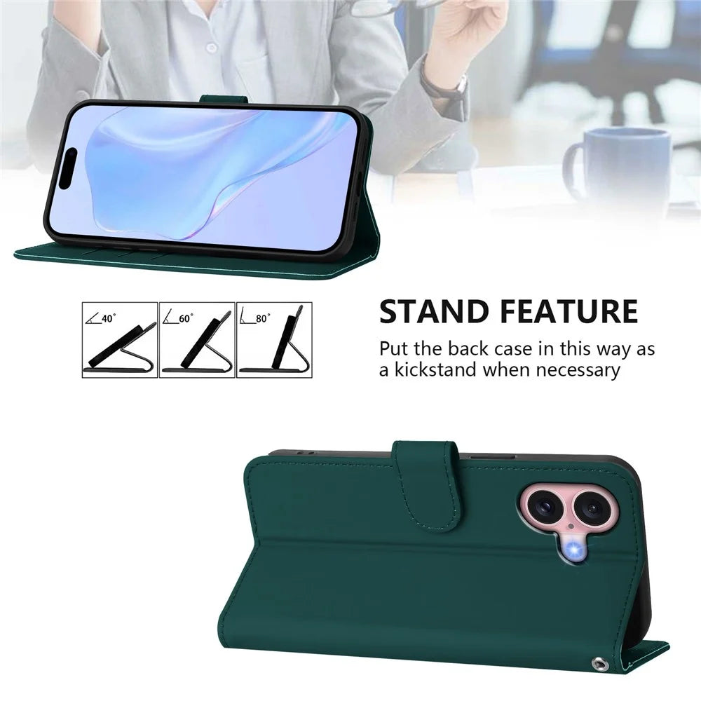 For iPhone 16 Case Solid Color Wallet Leather Phone Cover with Strap - Dark Green - 3