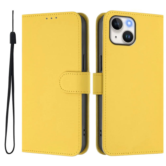 For iPhone 15 Case Solid Color Wallet Leather Phone Cover with Strap - Lemon - 1
