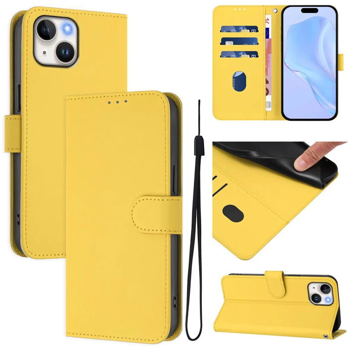 For iPhone 15 Case Solid Color Wallet Leather Phone Cover with Strap - Lemon - 2