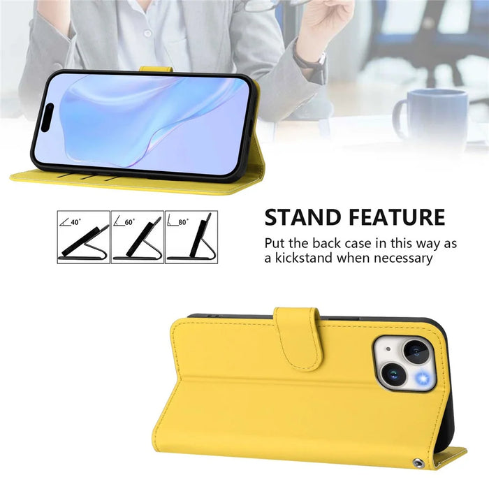 For iPhone 15 Case Solid Color Wallet Leather Phone Cover with Strap - Lemon - 3