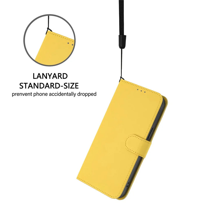 For iPhone 15 Case Solid Color Wallet Leather Phone Cover with Strap - Lemon - 4