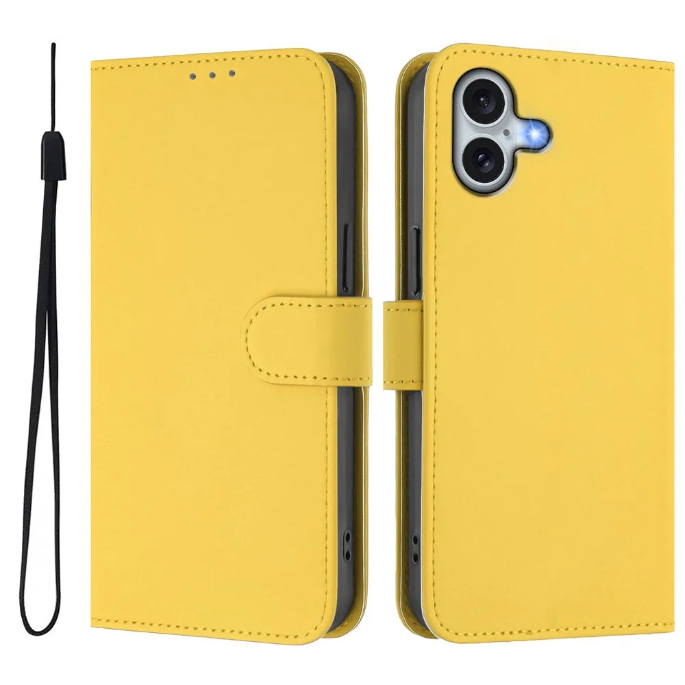 For iPhone 16 Plus Case Solid Color Wallet Leather Phone Cover with Strap - Lemon - 1