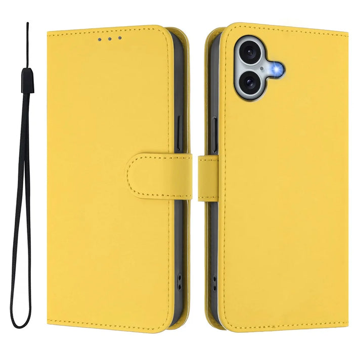 For iPhone 16 Plus Case Solid Color Wallet Leather Phone Cover with Strap - Lemon - 1