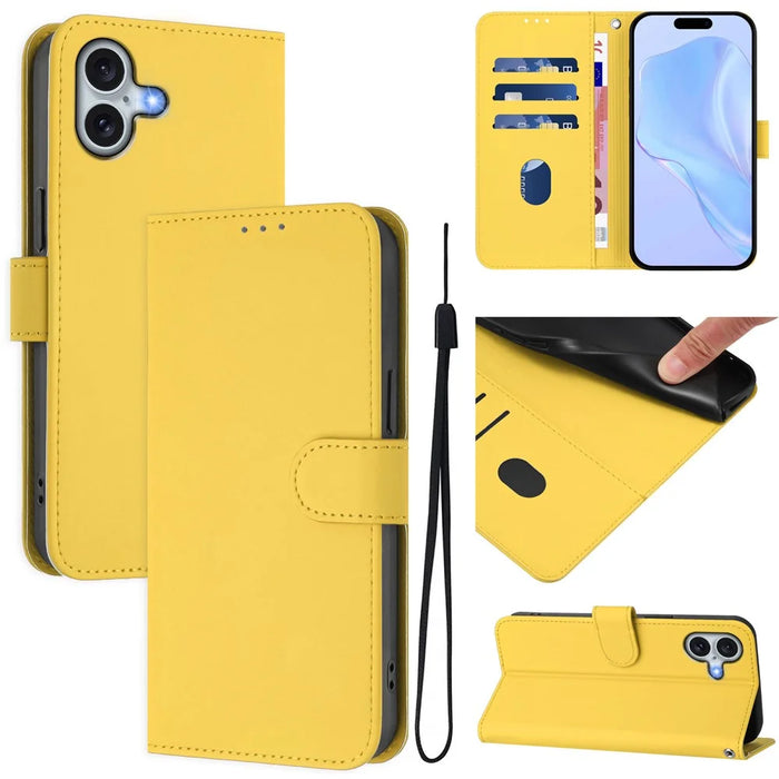 For iPhone 16 Plus Case Solid Color Wallet Leather Phone Cover with Strap - Lemon - 2