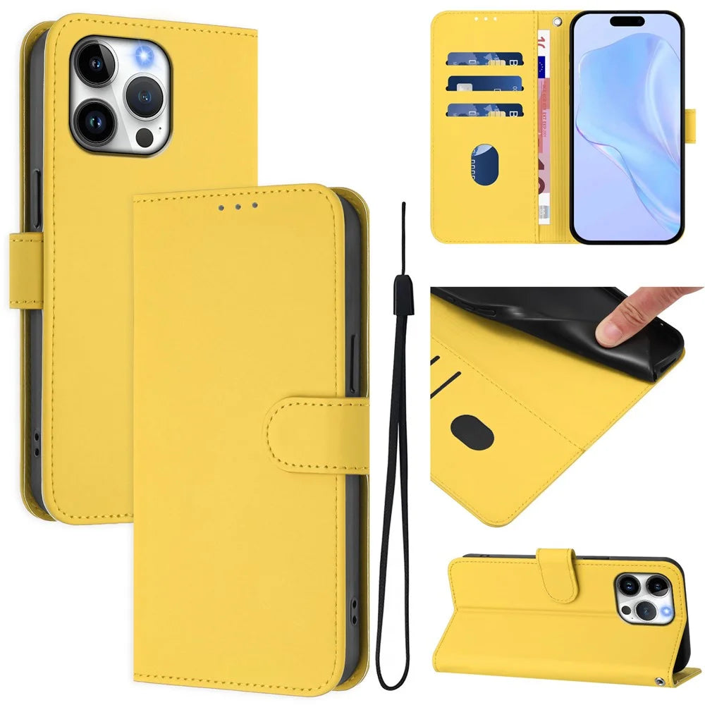 For iPhone 16 Pro Max Case Solid Color Wallet Leather Phone Cover with Strap - Lemon - 1