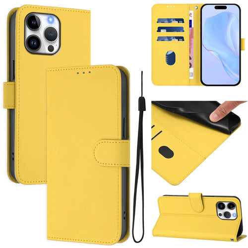 For iPhone 16 Pro Max Case Solid Color Wallet Leather Phone Cover with Strap - Lemon - 1