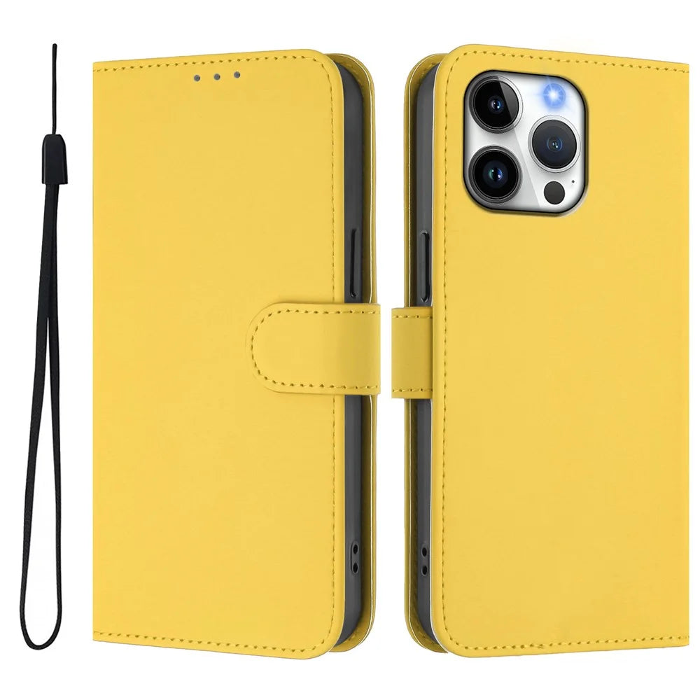 For iPhone 16 Pro Max Case Solid Color Wallet Leather Phone Cover with Strap - Lemon - 2
