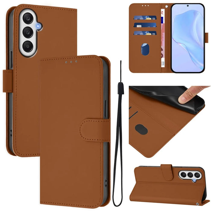 For Samsung Galaxy A37 5G / A56 5G / A36 5G Case Solid Color Wallet Leather Phone Cover with Strap - Brown - 1