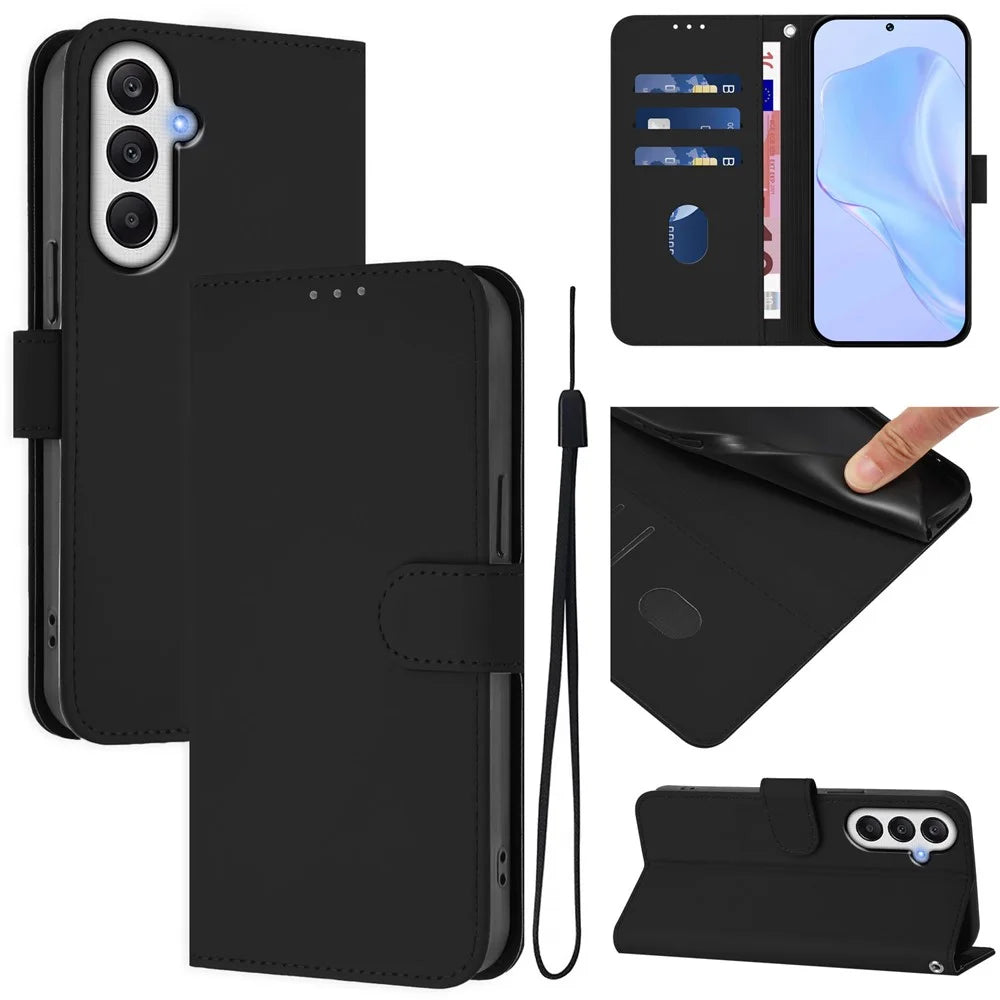 For Samsung Galaxy A34 5G Case Solid Color Wallet Leather Phone Cover with Strap - Black - 1