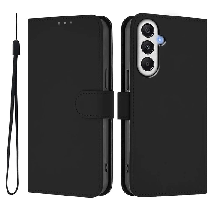 For Samsung Galaxy A34 5G Case Solid Color Wallet Leather Phone Cover with Strap - Black - 2