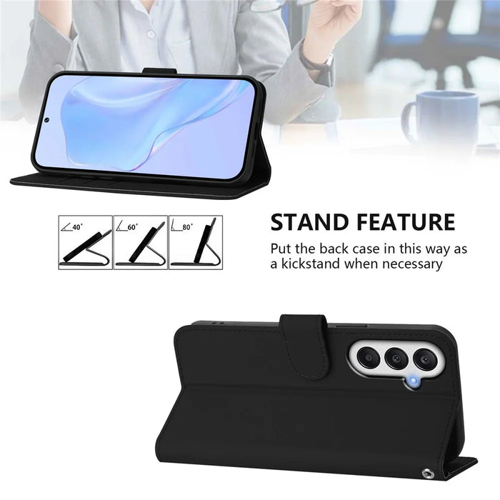 For Samsung Galaxy A34 5G Case Solid Color Wallet Leather Phone Cover with Strap - Black - 3