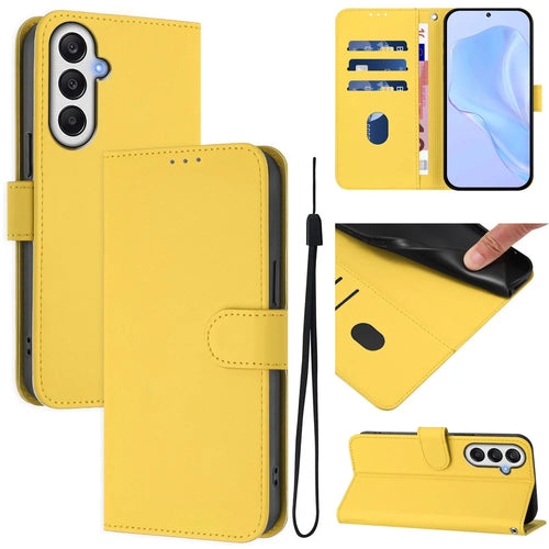 For Samsung Galaxy A14 4G / Galaxy A14 5G Case Solid Color Wallet Leather Phone Cover with Strap - Lemon - 1
