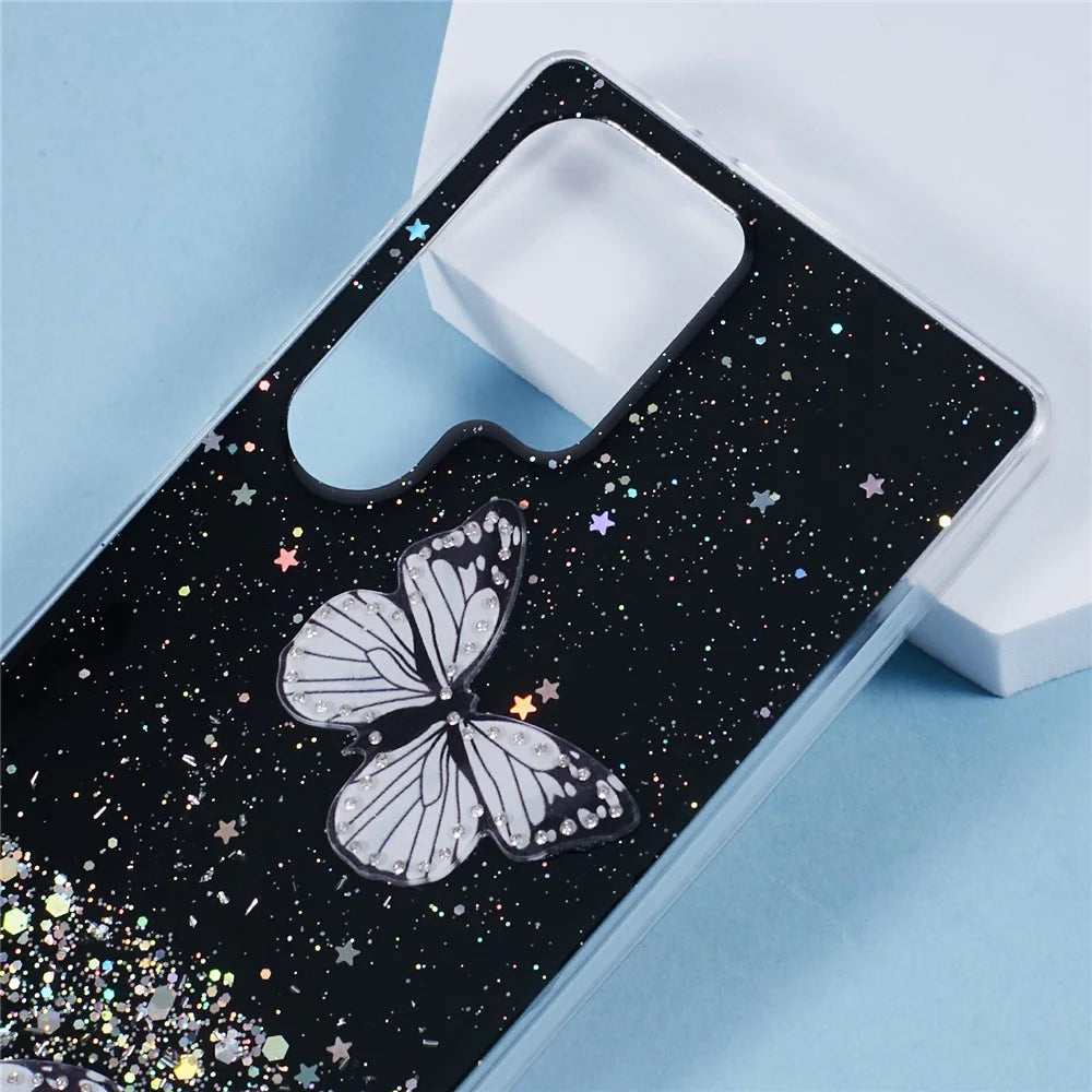 For Samsung Galaxy S25 Ultra Case Epoxy PVC Butterfly TPU Aesthetics Phone Cover - Black - 4