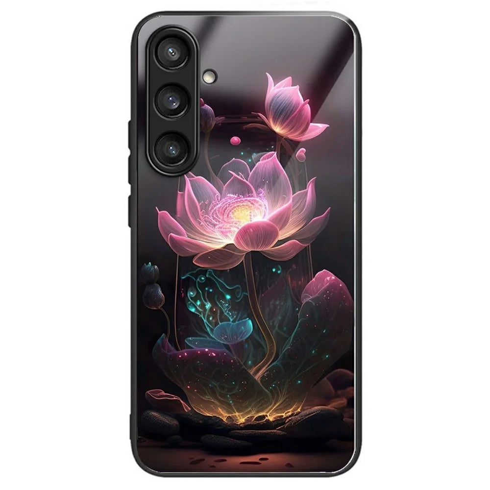 For Samsung Galaxy S24 FE Case Tempered Glass Back Cover with Pattern Printing - Lotus - 1