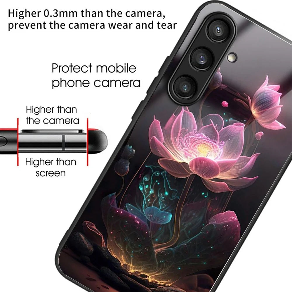 For Samsung Galaxy S24 FE Case Tempered Glass Back Cover with Pattern Printing - Lotus - 2