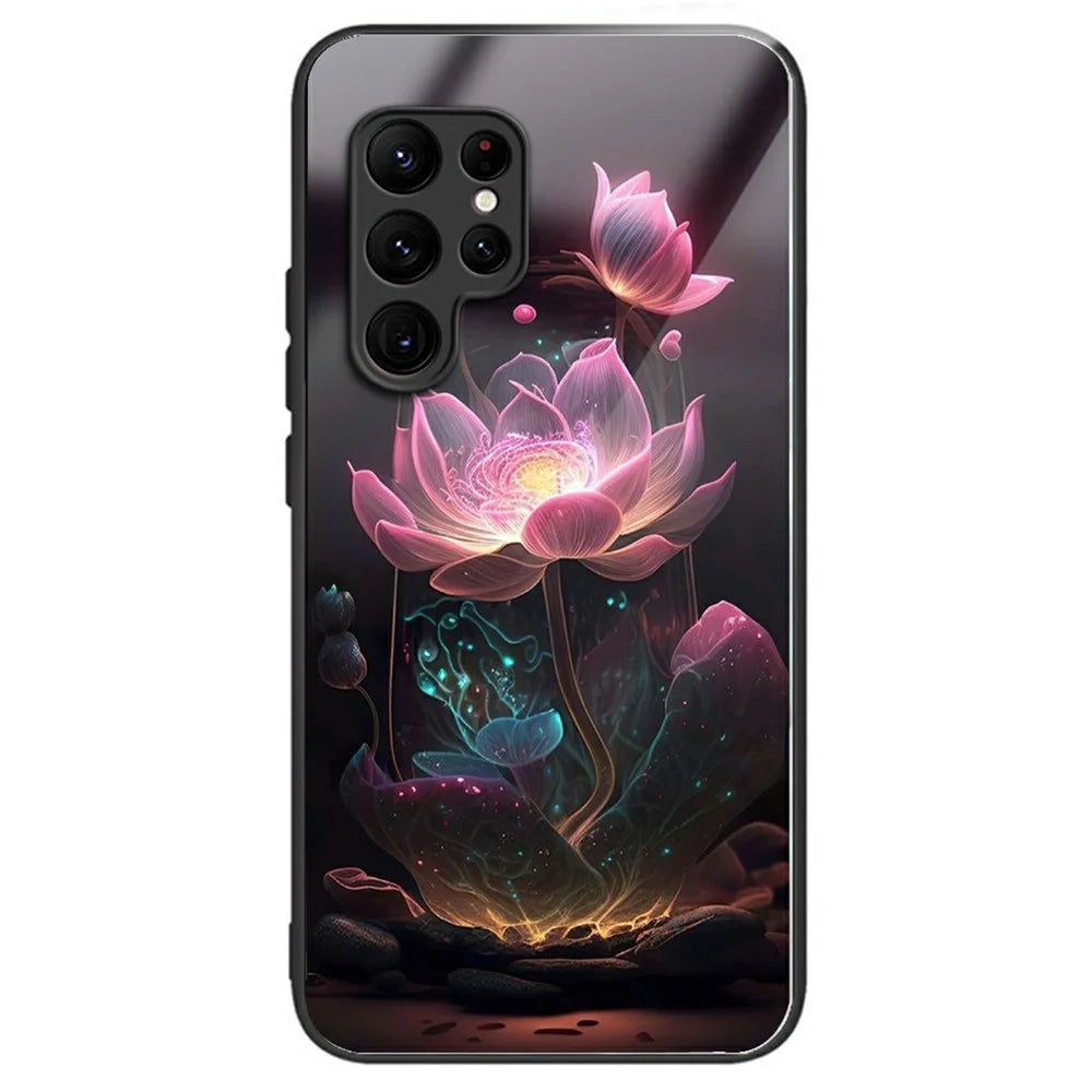 For Samsung Galaxy S25 Ultra Case Tempered Glass Back Cover with Pattern Printing - Lotus - 1