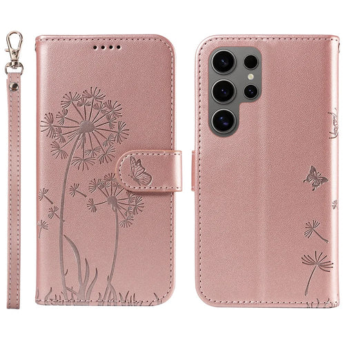 For Samsung Galaxy S25 Ultra Leather Case Wallet Phone Cover Dandelion Imprint - Rose Gold - 1