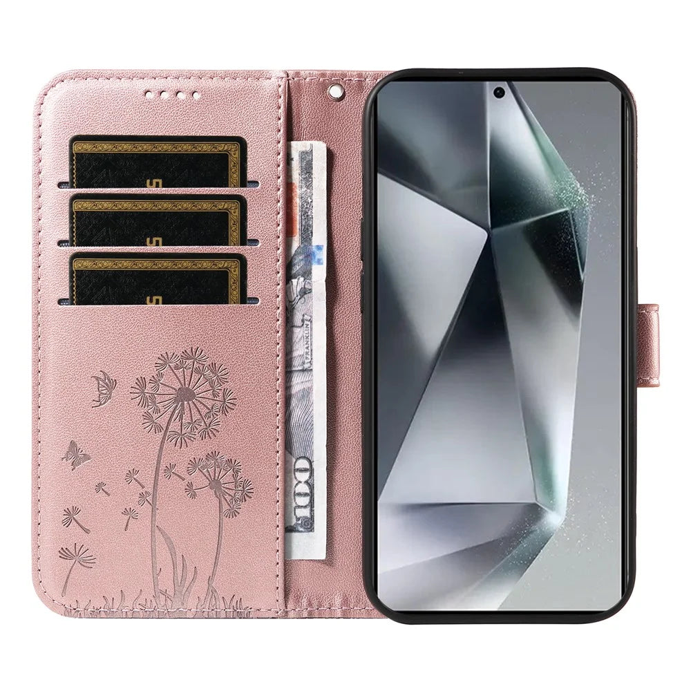 For Samsung Galaxy S25 Ultra Leather Case Wallet Phone Cover Dandelion Imprint - Rose Gold - 2