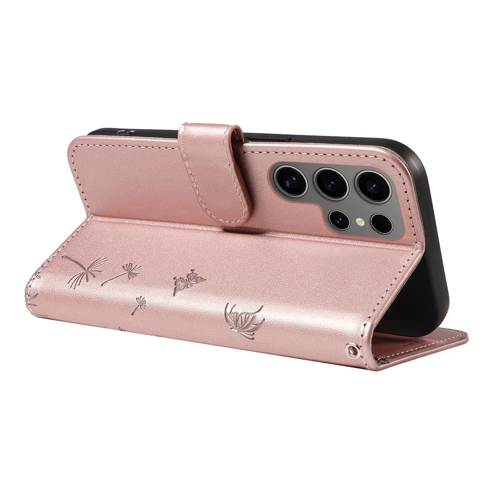 For Samsung Galaxy S25 Ultra Leather Case Wallet Phone Cover Dandelion Imprint - Rose Gold - 4