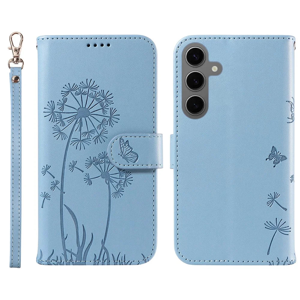 For Samsung Galaxy S25 / S24 Leather Case Wallet Phone Cover Dandelion Imprint - Sky Blue - 1