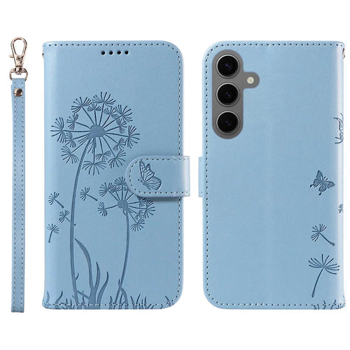 For Samsung Galaxy S25 / S24 Leather Case Wallet Phone Cover Dandelion Imprint - Sky Blue - 1