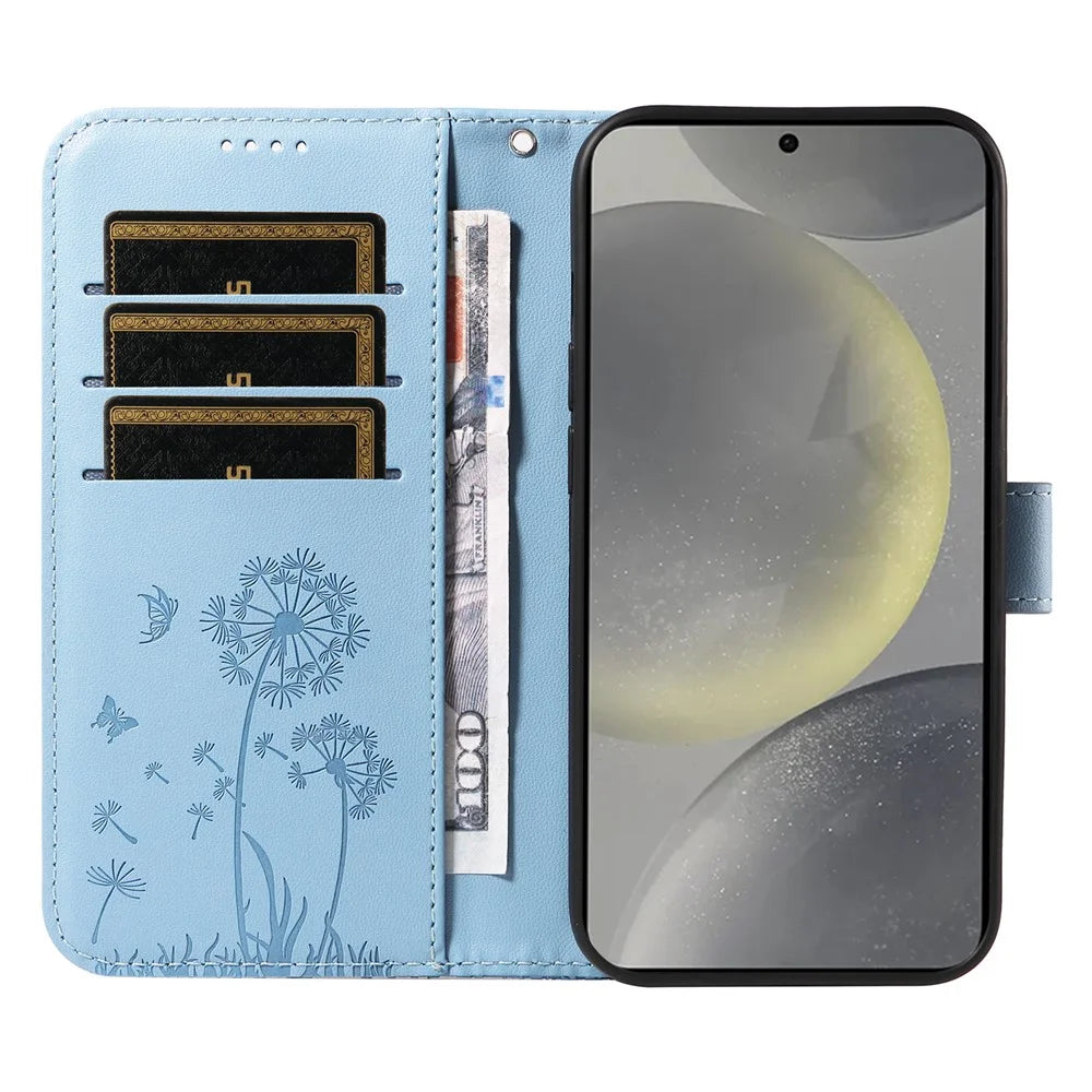 For Samsung Galaxy S25 / S24 Leather Case Wallet Phone Cover Dandelion Imprint - Sky Blue - 2