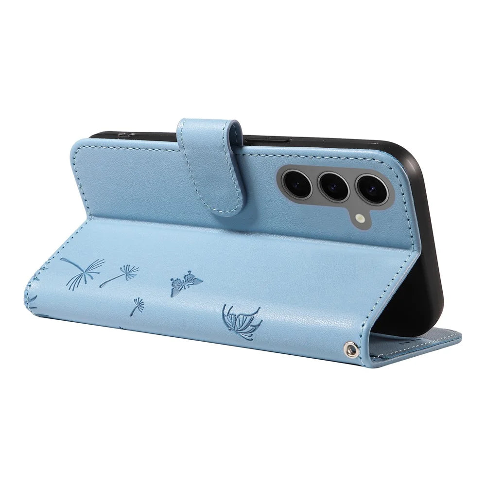 For Samsung Galaxy S25 / S24 Leather Case Wallet Phone Cover Dandelion Imprint - Sky Blue - 4