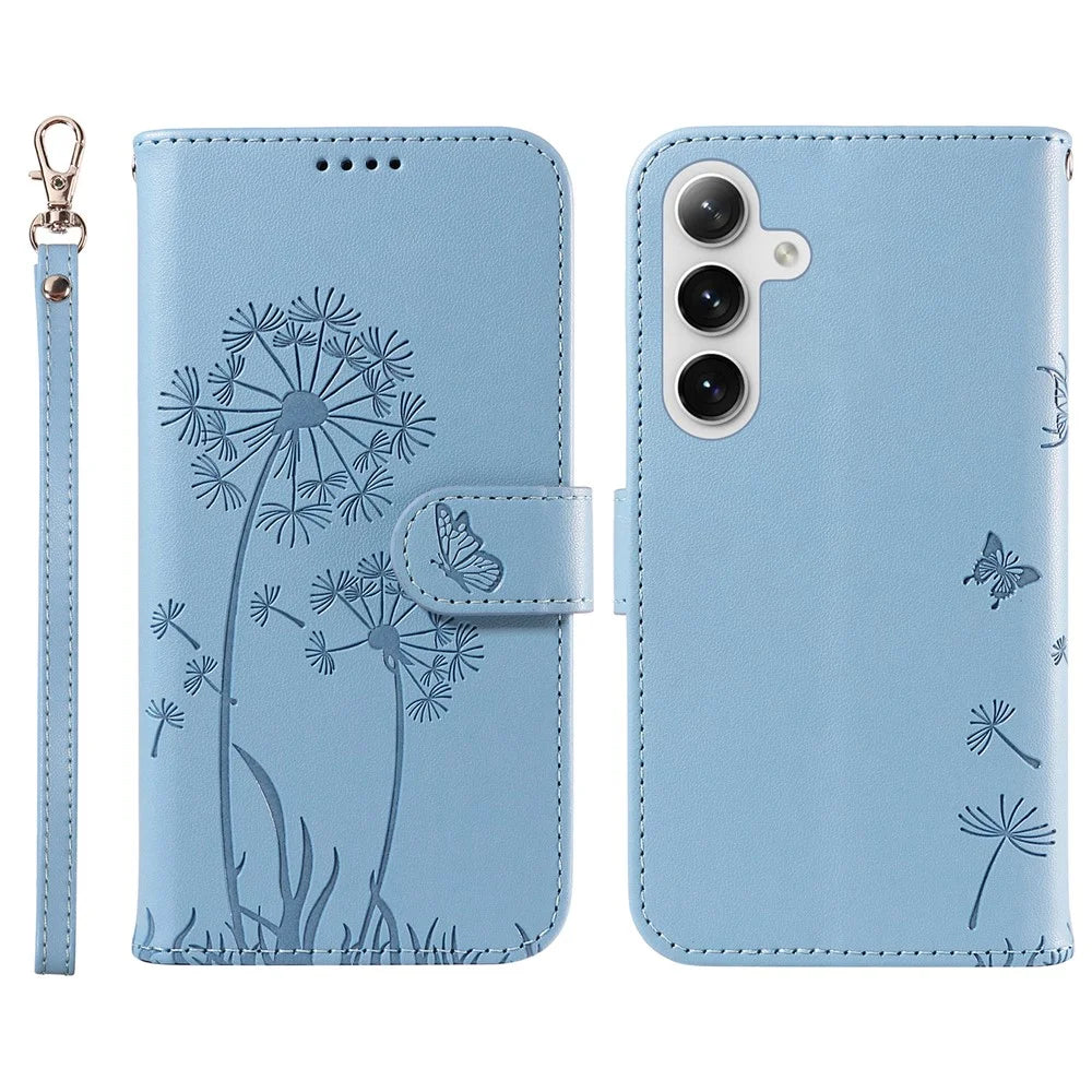 For Samsung Galaxy S25+ / S24+ Leather Case Wallet Phone Cover Dandelion Imprint - Sky Blue - 1