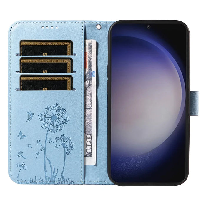 For Samsung Galaxy S25+ / S24+ Leather Case Wallet Phone Cover Dandelion Imprint - Sky Blue - 2