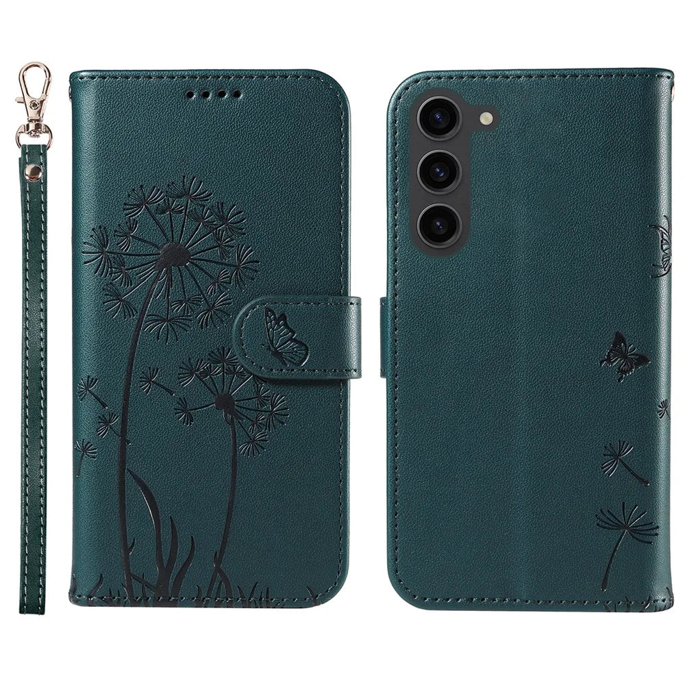 For Samsung Galaxy S23+ Leather Case Wallet Phone Cover Dandelion Imprint - Blue - 1