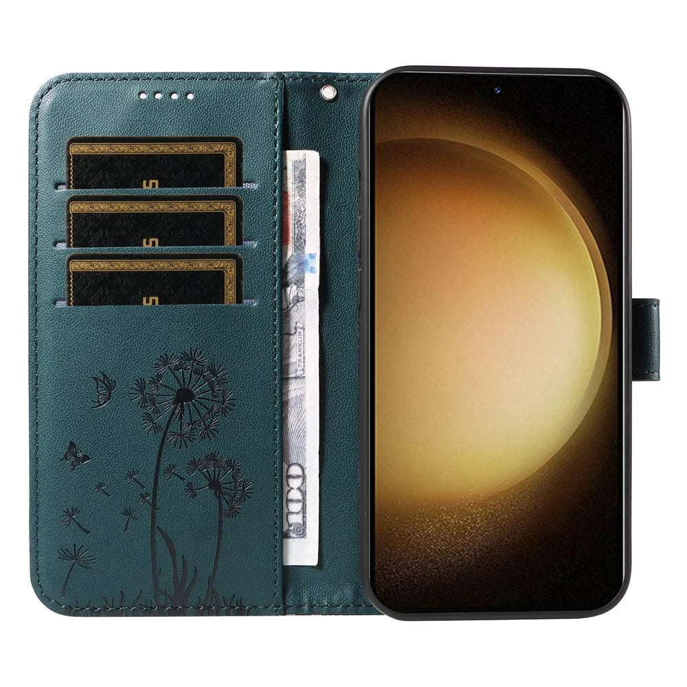 For Samsung Galaxy S23+ Leather Case Wallet Phone Cover Dandelion Imprint - Blue - 2