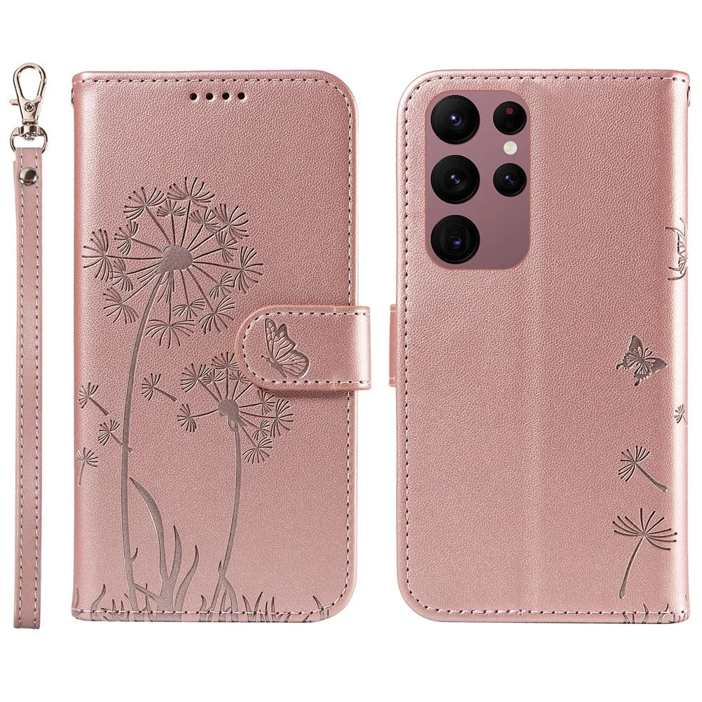 For Samsung Galaxy S23 Ultra Leather Case Wallet Phone Cover Dandelion Imprint - Rose Gold - 1
