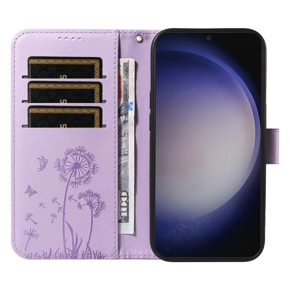 For Samsung Galaxy S23 FE Leather Case Wallet Phone Cover Dandelion Imprint - Purple - 2