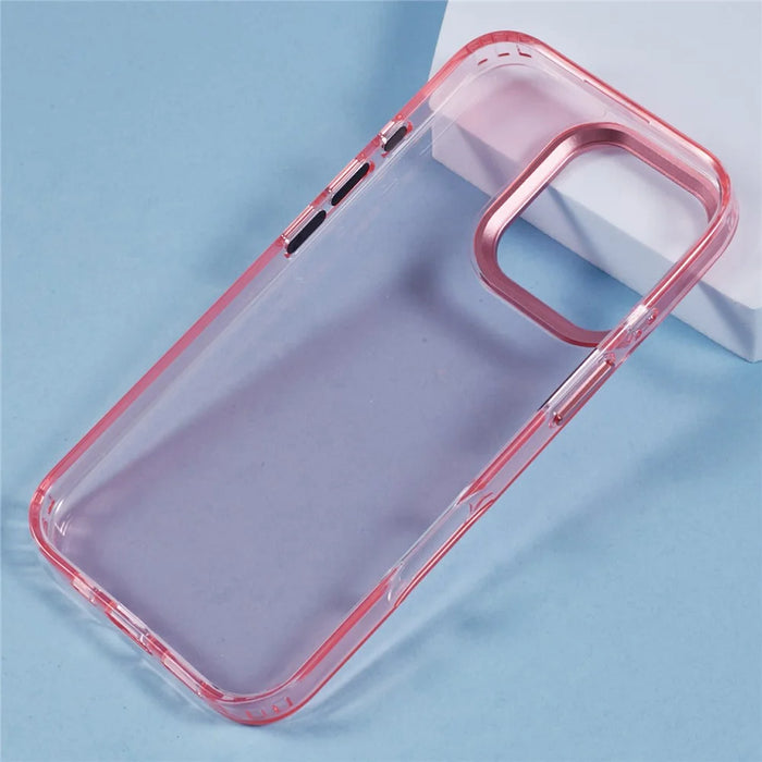 For iPhone 16 Pro Case TPU+PC Phone Back Cover Lens Frame Rhinestone Decorated - Transparent Pink - 5