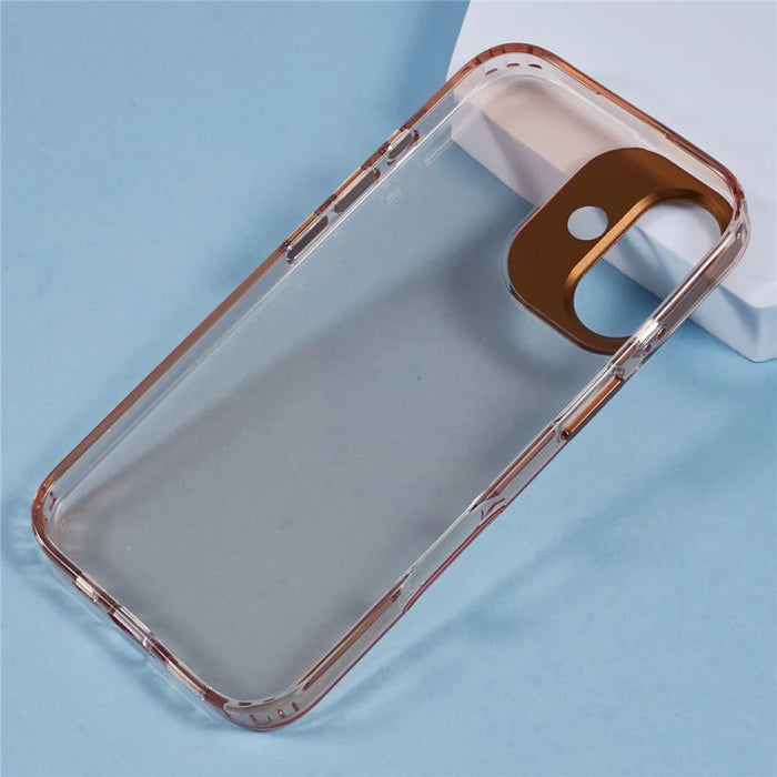 For iPhone 16 Case TPU+PC Phone Back Cover Lens Frame Rhinestone Decorated - Transparent Gold - 5